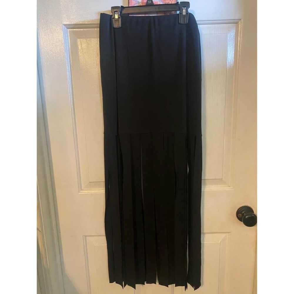 Zara Black Fringe Maxi Skirt Womens sz M Pull On Wide Panel Fringe Long Skirt